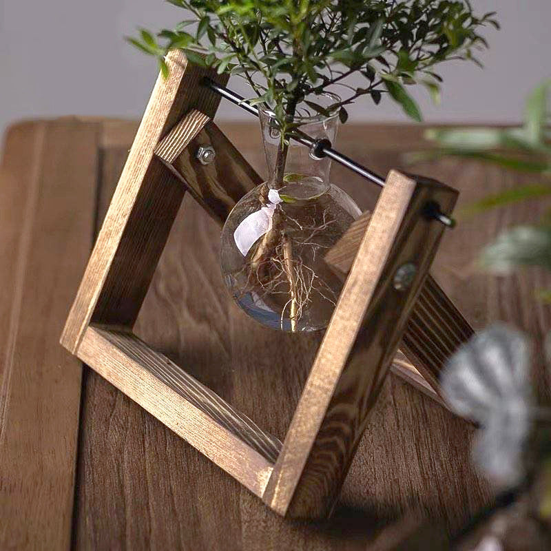 Wooden Frame Glass Vase for Hydroponic Plants