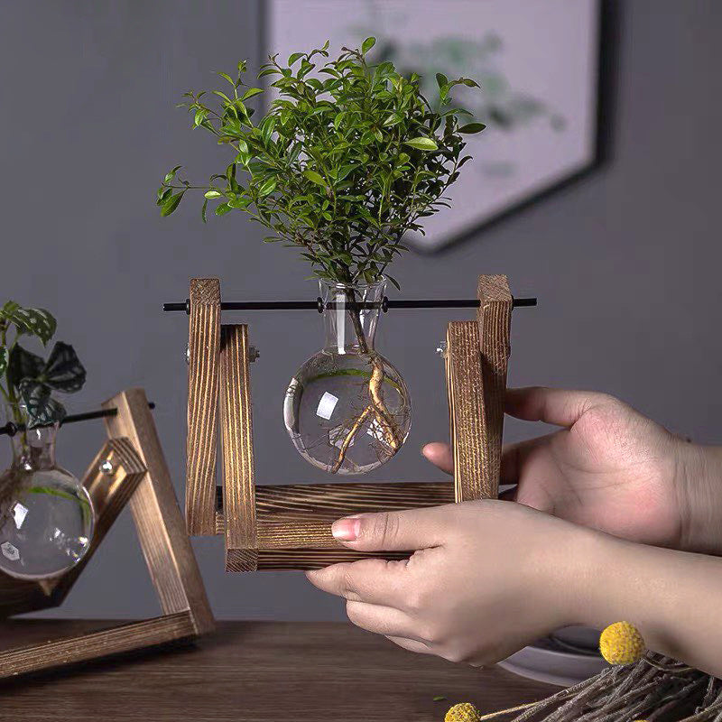 Wooden Frame Glass Vase for Hydroponic Plants